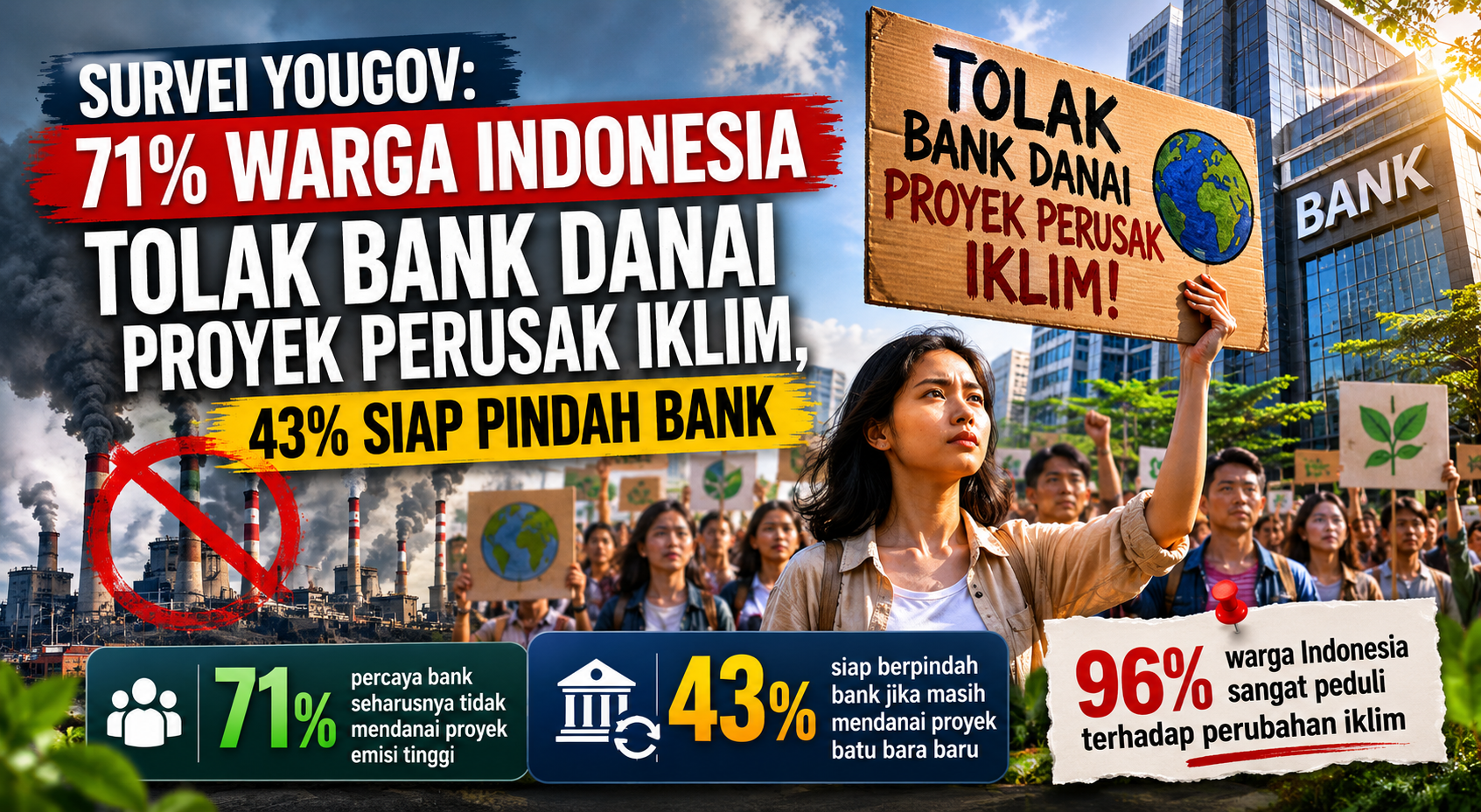 Survei YouGov: 71 Persen Warga Indonesia Tolak Bank Danai Proyek Perusak Iklim, 43 Persen Siap Pindah Bank
