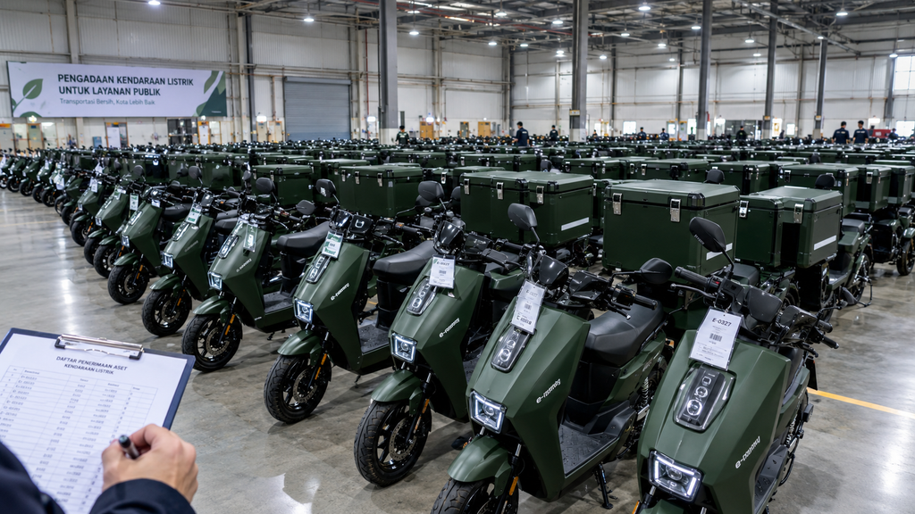 Deretan unit sepeda motor listrik operasional logistik program Makan Bergizi Gratis di area gudang logistik.