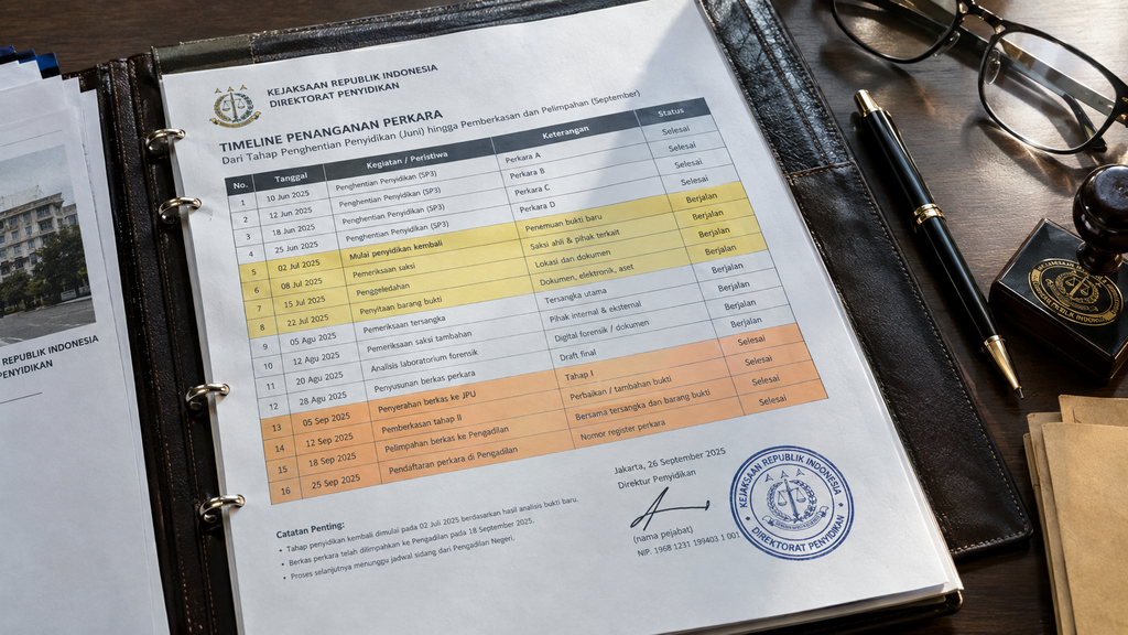 Lembaran binder dokumen linimasa perkembangan penyidikan kasus korupsi tata kelola MBG di meja kejaksaan.